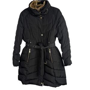 Cole Haan Womens XLarge XL Black Faux Fur Trim Down Puffer Jacket Quilted Belt